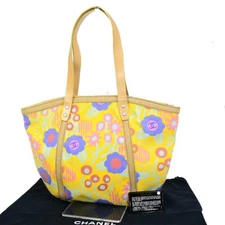 CHANEL CC Logo Flower Shoulder Tote Bag Canvas Leather Yellow Italy 70FB034