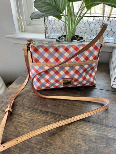 DOONEY & BOURKE Ginger Crossbody Pouchette Blue Red Gingham Canvas Leather