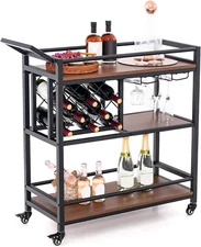 Industrial 3-Tier Bar Cart, Mobile Kitchen Serving Cart with Wine Rack and Glass