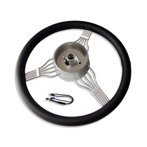 15" Chrome Full Wrap Black Steering Wheel w/Built-in Adapter & Horn Button - Picture 6 of 8