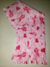 PINK WHITE FLEECE SCARF PINK RIBBONS HEARTS cancer awareness ONE SIZE super