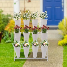 Gardens Plant Stand 3 Tiered Stand Iron Flower Display Rack W/ 12 Buckets