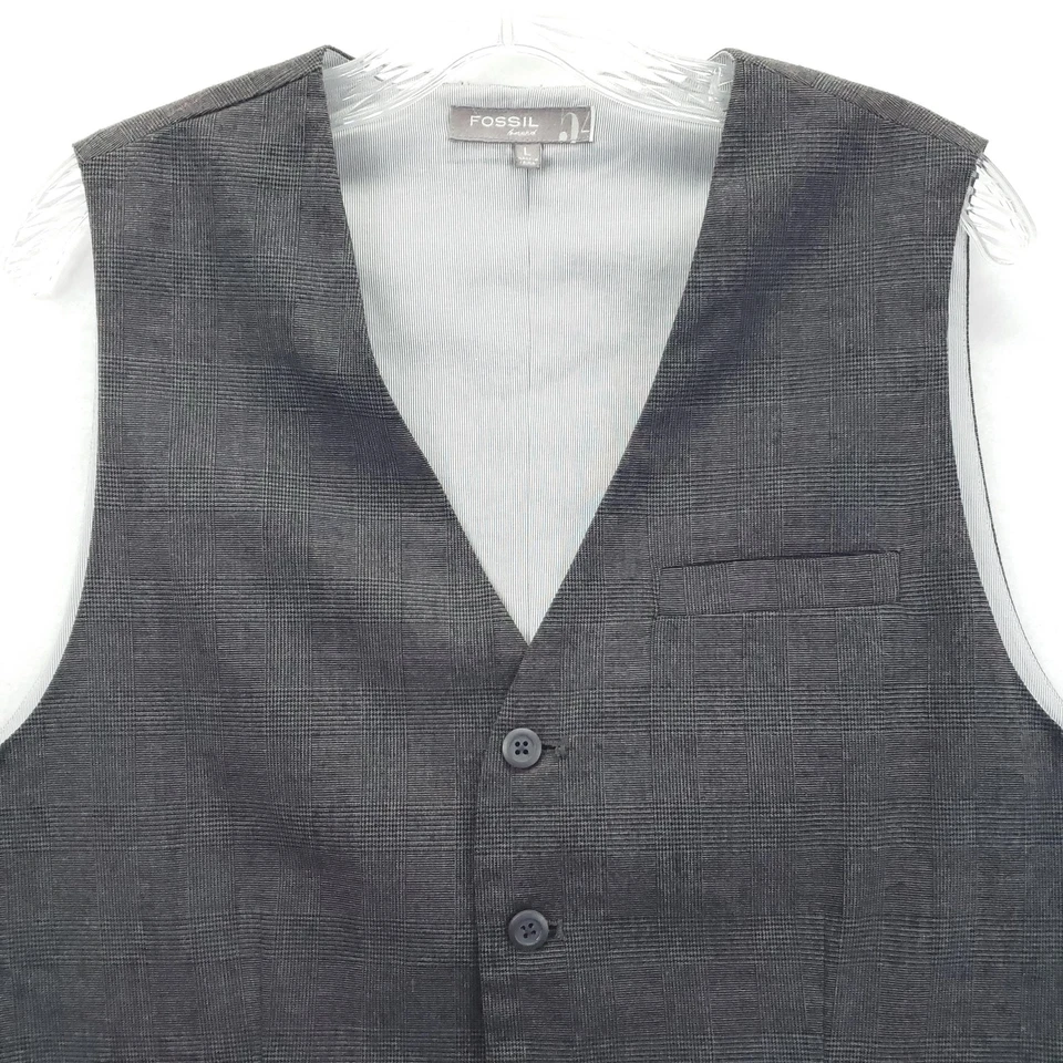 Fossil Vest Mens Large Gray Glen Plaid Waistcoat 5 Button Formal V Neck - Image 3 of 4