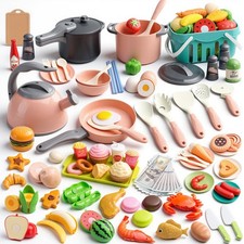 130Pcs Kitchen Playset, Toddler Pretend Cooking Play Pots, Pans, Utensils Coo...