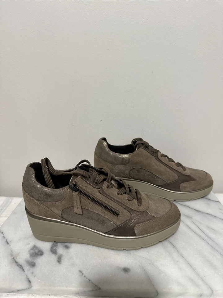 Geox Ilde Sneakers Wedge Heel Leather Comfort Side Zip Brown Size 41 US 10.5 - Image 3 of 4