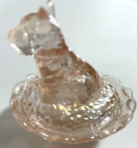 Iridescent Peachy/Pink Glass Scotty Dog on a Nest Figurine 2.5” Salt Cellar Dish