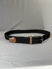 Black Elastic Woven Braided Stretch Belt Silver Finish Buckle Brown Leather Tabs