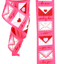Valentine Cards 2.5" by 2 yds Pink Wired Ribbon Red Glitter Words Hearts Pinks