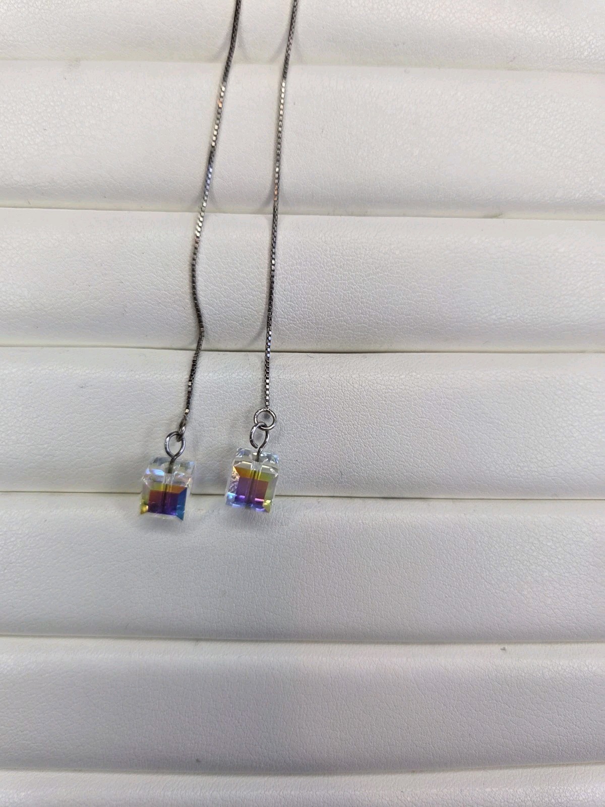 Threader Drop Earrings Silver Tone Multicolor Cub… - image 3