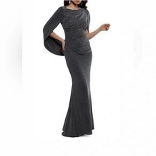 Betsy  Adam Black Sillver Cape Sleeve Metallic Crinkle Gown Size 16 258