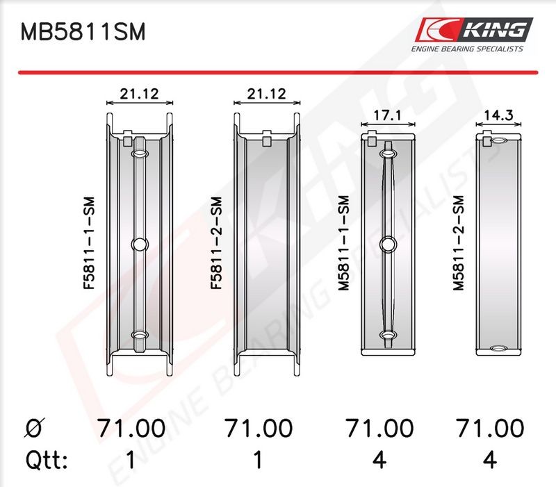 KING MB5811SM0.25 Crankshaft Bearing Shell Set Fits Subaru XV Forester Outback