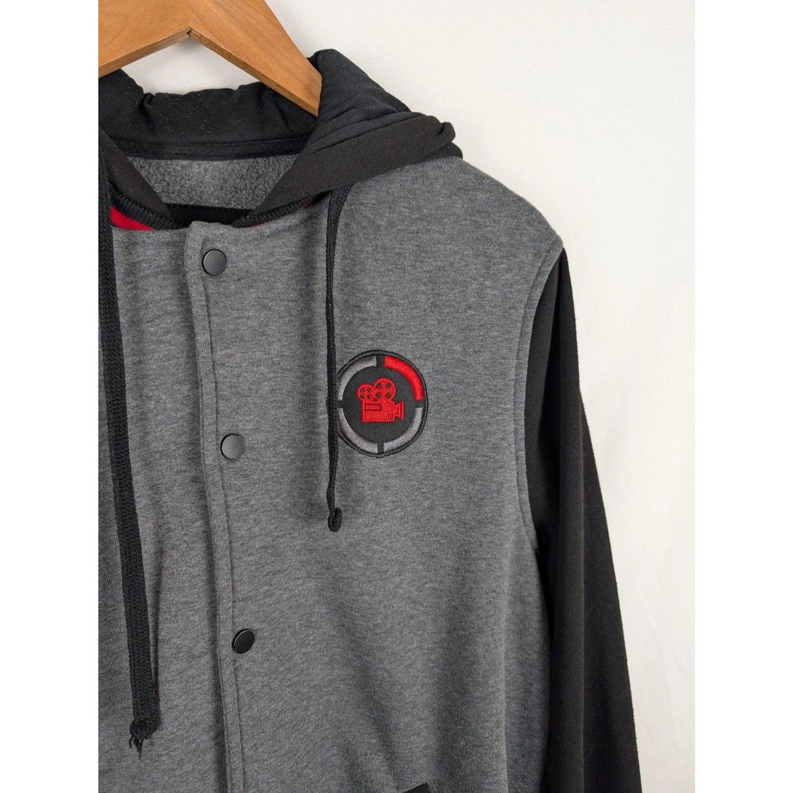 Game Theory Theory Wear Mens L Grey Black Snap Button Varsity Hoodie Sweatshirt image 6