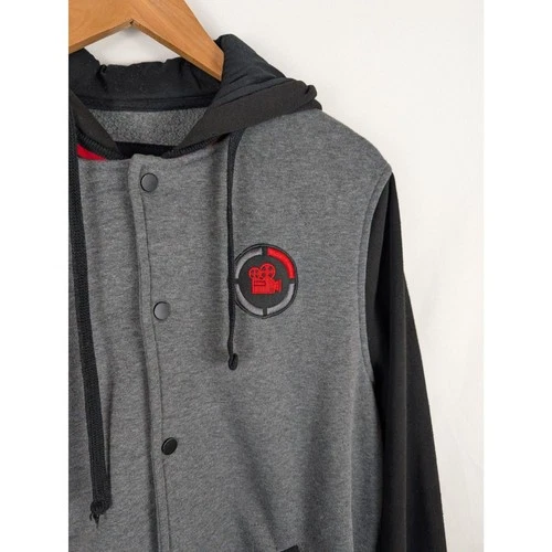 Game Theory Theory Wear Mens L Grey Black Snap Button Varsity Hoodie Sweatshirt image 6