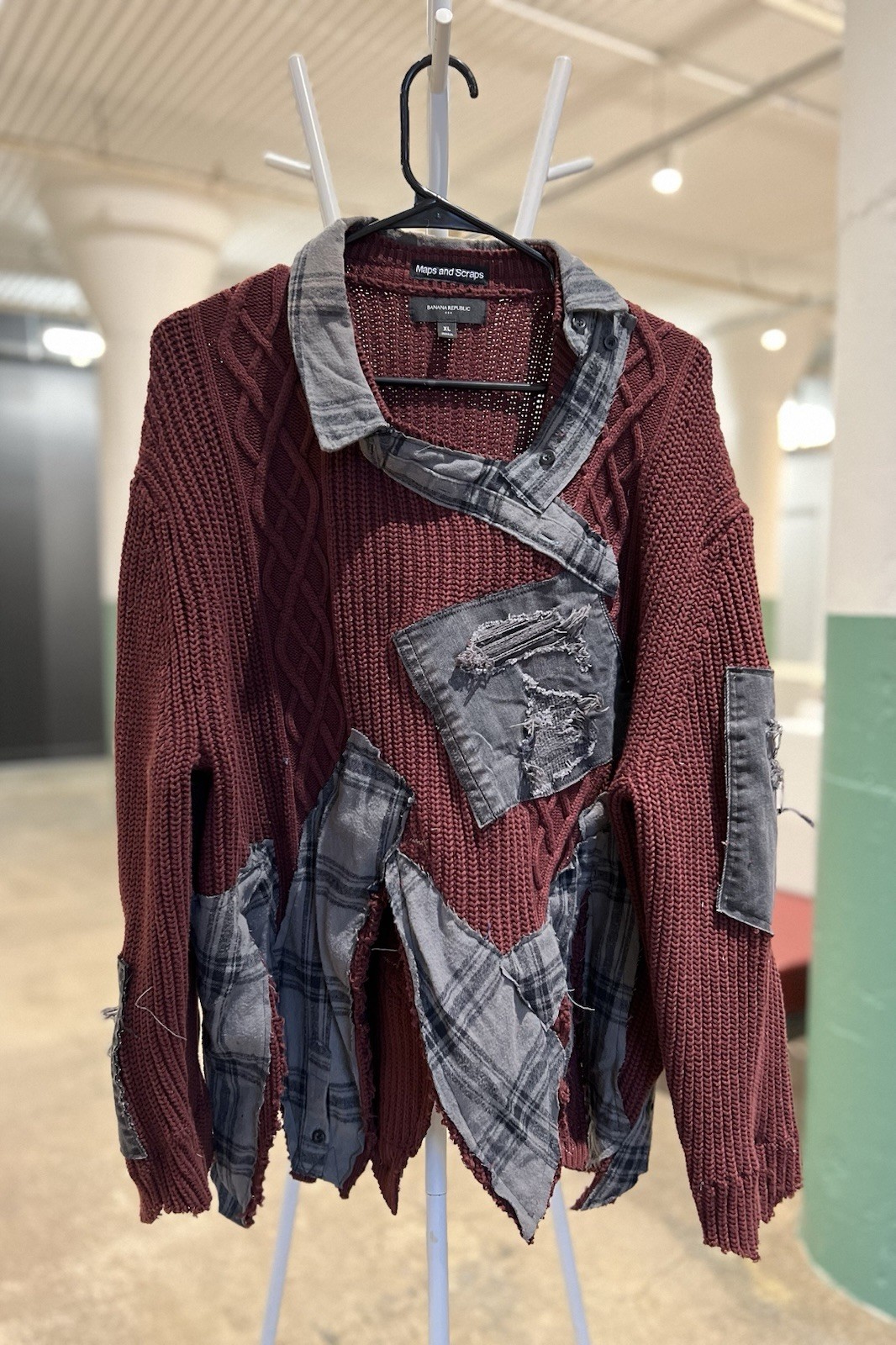 Patchwork And Ragged Upcycled Sweater Burgundy - image 1