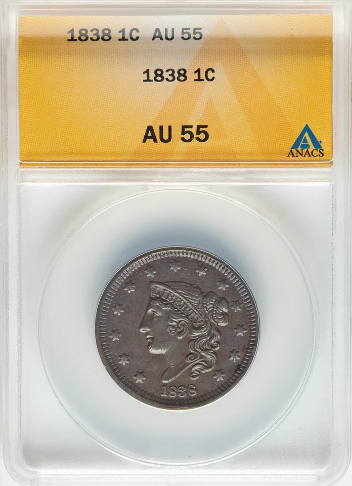 1838 Coronet Large Cent - ANACS AU55 - EXTREMELY ATTRACTIVE - LOOKS CLOSE TO UNC - Image 3 of 4