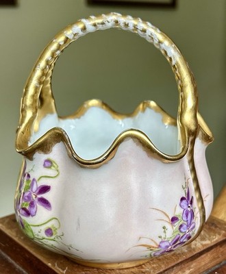 Vtg Limoges T & V Depose France Square Handled Basket Floral Gold