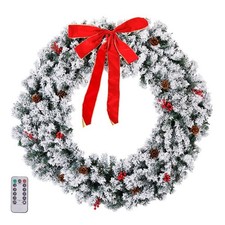 48in Pre-lit Snow Flocked Christmas Wreath With 150 Warm Lights Xmas Party Decor