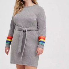 NWT Torrid Cozy Fleece Shift Dress Womens 1X/14-16 Gray Rainbow Sleeve Belt NEW