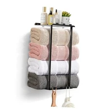 Towel Racks for Bathroom Towel Holder with Shelf & 6 14.76 Inch/2 Tier Black