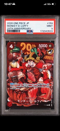 Bandai One Piece Card Game Monkey D. Luffy P-159 29th Anniv JP Foil PSA 9