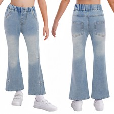 Kids Girls Pants Elastic Bell-Bottom Festival Jeans Pockets Embroidery Party