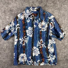 Vintage Barefoot in Paradise Shirt Mens XL Blue Hawaiian Loop Collar Hibiscus