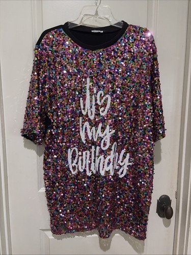 Why Dress Pink & Black Sequin “Its My Birthday” Shirt Dress One Size Fits Most