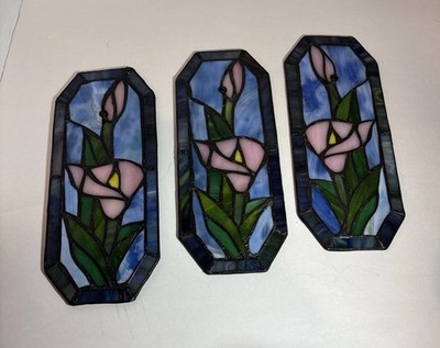 Stained Glass Sun catcher Cala Lily  Window Panels Lot Of 3 Pink Blue Green