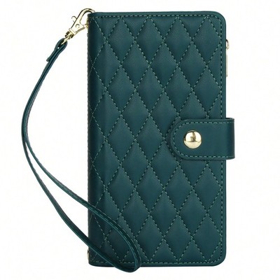 Dark Green Quilted Faux Leather Flip Case for iPhone, Galaxy, Pixel, OPPO,