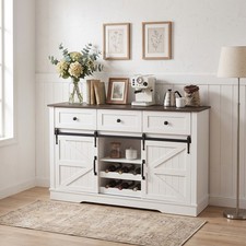 Farmhouse Coffee Bar Cabinet with Sliding Barn Doors, Wine/Glass Rack 3 Drawers