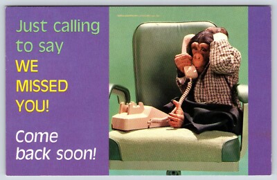 Vintage Postcard POSTED Monkey Calling Saying We Missed You Religious