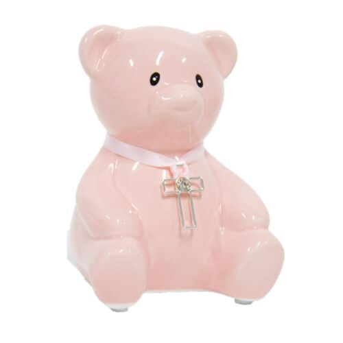 Teddy Money Bank With Cross and Diamante - Pink - Afbeelding 1 van 1