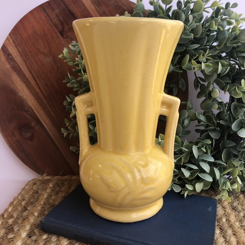 McCoy Pottery DECO Vase Double Handled Knot Tie Tassle Yellow 8 1/4" Tall