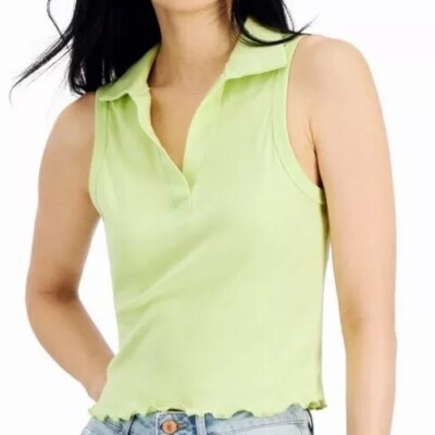 NEW Just Polly Tank Top V-Neck Collared Juniors Small Green Lettuce Trim Cotton