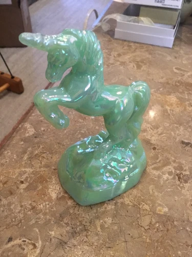 BRAND NEW MOSSER MADE JADEITE CARNIVAL GLASS UNICORN FROM ORIGINAL FENTON MOULD