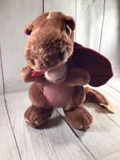 Vintage 1983 Dakin Dragon Plush Stuffed Animal with Wings Maroon Yellow Eyes 10”
