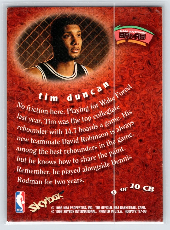 1998 NBA Hoops Tim Duncan Chairman Of The Board 9 Of 10 Spurs HOF - Image 2 of 2