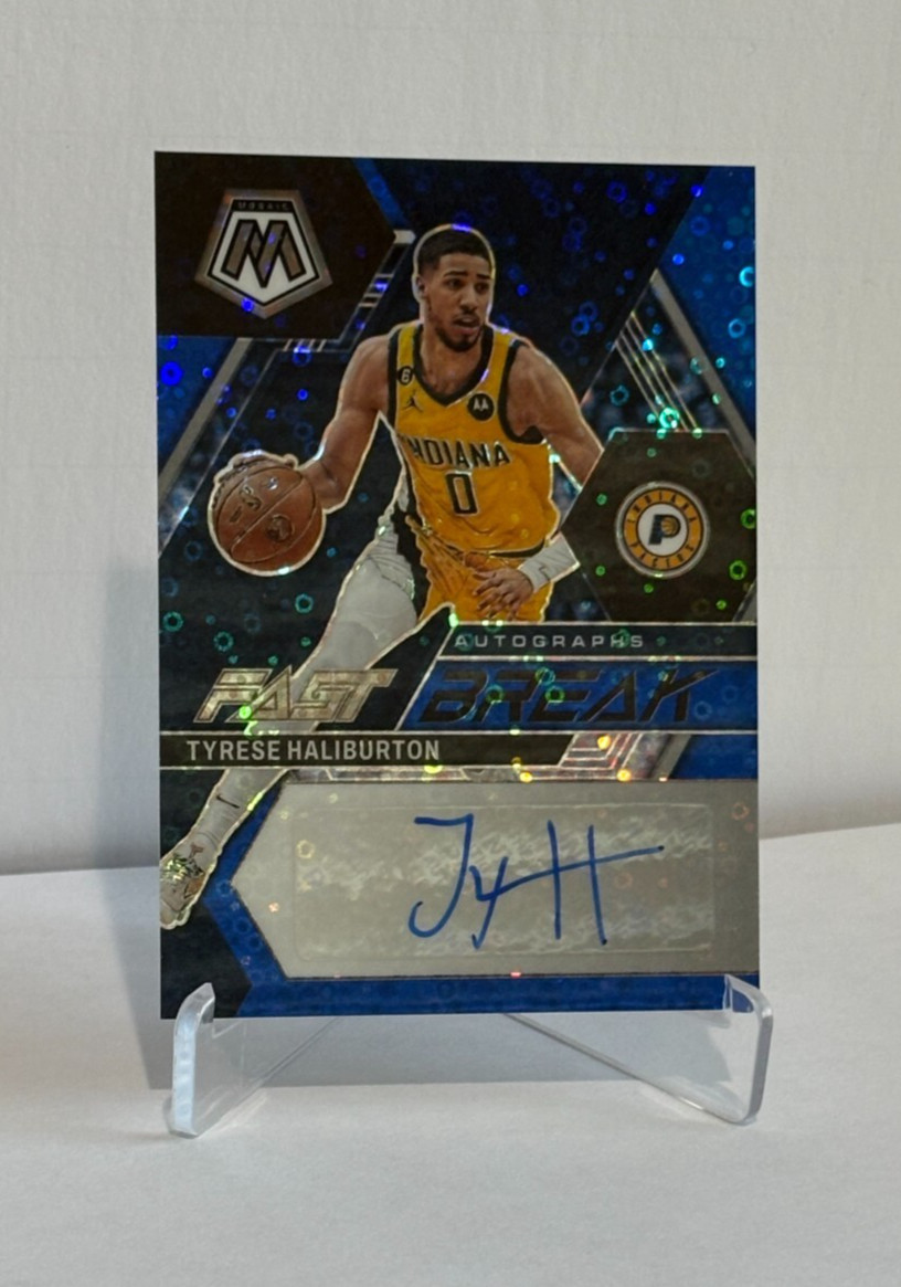Auto #'d /25! Tyrese Haliburton 2022-23 Mosaic FAST BREAK Auto Blue Disco 18/25