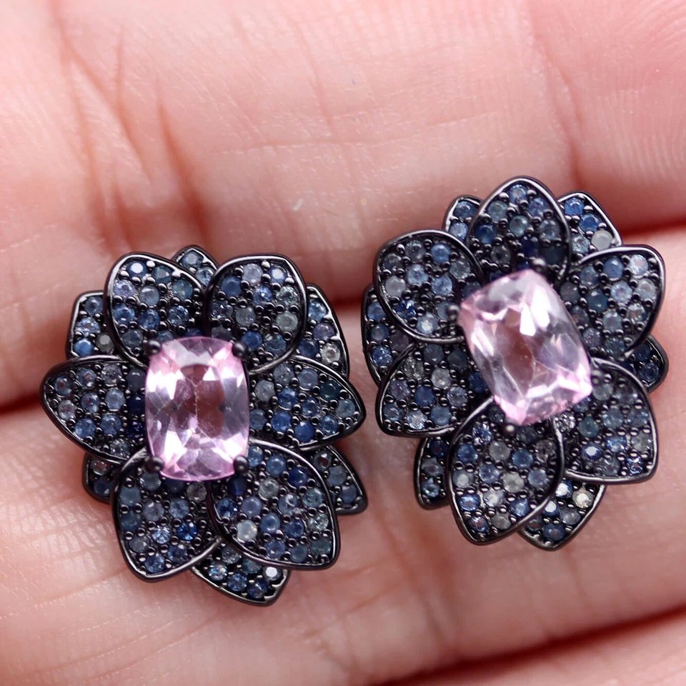 925 Silver 5 x 7 MM. Pink Mystic Topaz & Blue Sapphire Black Friday Earrings - Image 2 of 4