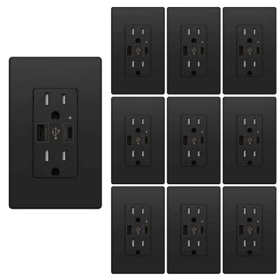 10Pack USB C Charger Wall Outlet 4.8A High Speed Duplex Receptacle 15 Amp Black