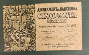 1937 Spain 50 Centimes - Barcelona Civil War issue - Solid VF+