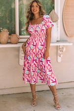 Medium Pink Brush Stroke Printed Smocked Ruffle Tiered Dress