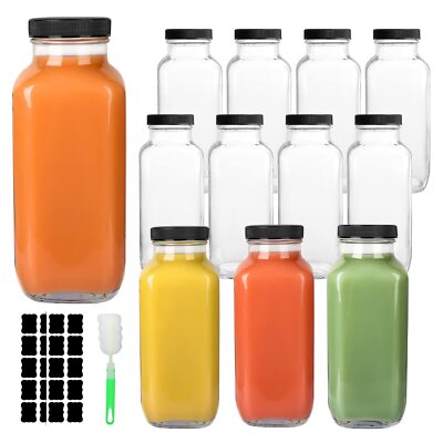 12 Pack Glass Drink Bottles 16 OZ Vintage Square Water Bottles with Lids Juic...