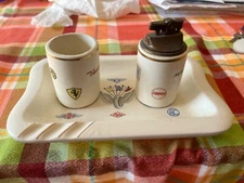 vintage Japan ashtray lighter and cigarette jar with car insignias MG RR Austin