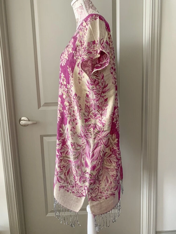 Vestido De Colección Años 70 Pequeño Mediano Boho Púrpura Seda Cachemira Flecos Cortos Bufanda Hecho a Mano Foto 4 de 4