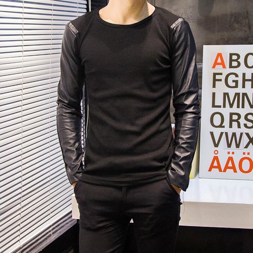 Faux Leather PU Sleeve T-shirt Black 
