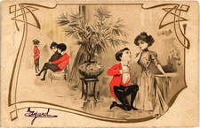 PC ARTIST SIGNED, GLAMOUR COUPLES, BIG HEADS, Vintage Postcard (b58799)