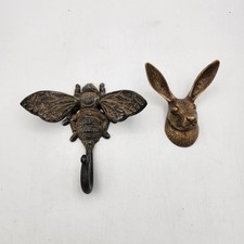 Vintage Style Animal Wall Hooks Lot - Cast Iron Bumblebee & Antique Brass Rabbit