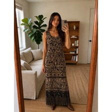 Vintage 90s Maxi Dress 8 Tan Black Smocked Paisley Sleeveless Boho Whimsigoth