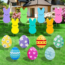 14Pcs Easter Yard Signs Outdoor Decorations, Waterproof Bunny Eggs with Stakes L
